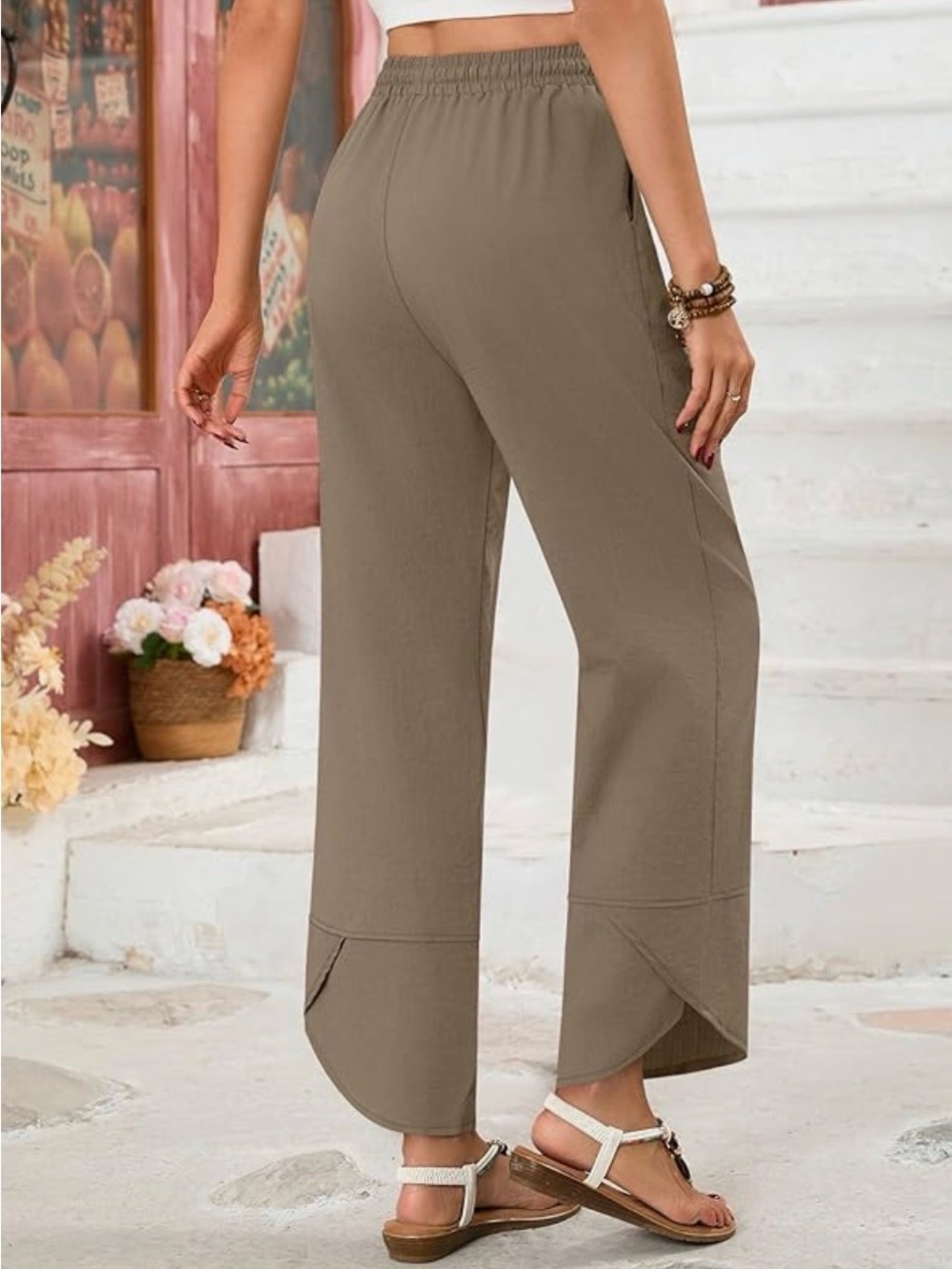 Wide-Leg Drawstring Pants Tulip Hem in Beige #335 - Picture 3 of 16